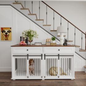 63'' Large Dog Crate Furniture for Double Dog, Wooden Dog Kennel with 2 Drawers,Divider and Sliding Door (Color: as Pic)